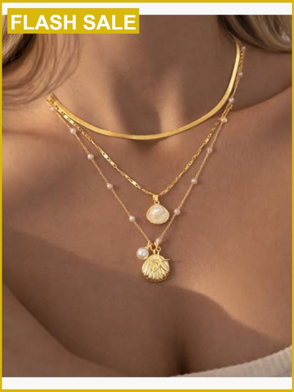 Layered Gold Seashell Necklace Set, Dainty Coastal Charm Jewelry for Women - Picture 3 of 7